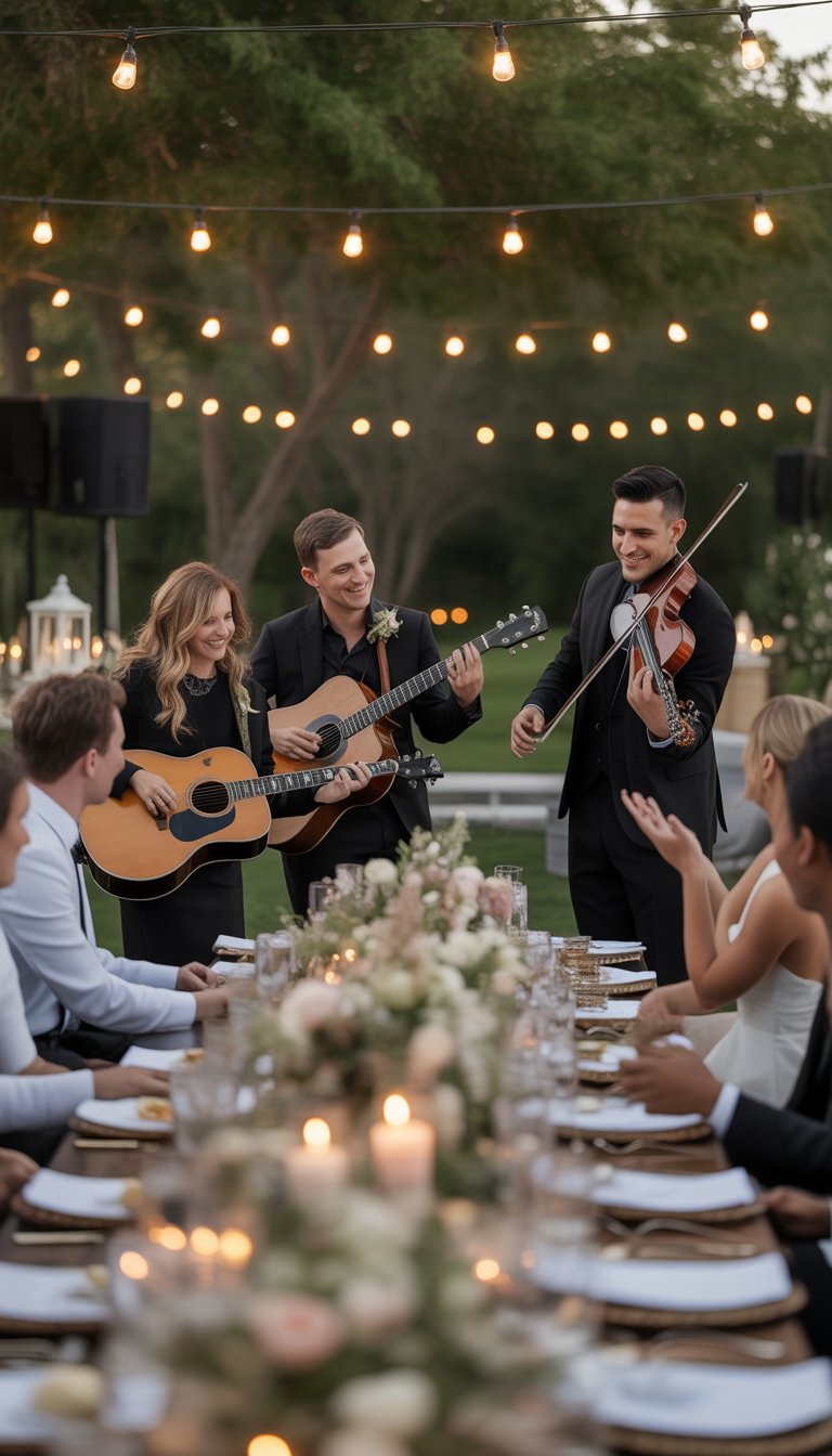 A live acoustic band performing near a decorated outdoor wedding dinner table with guests enjoying the music.